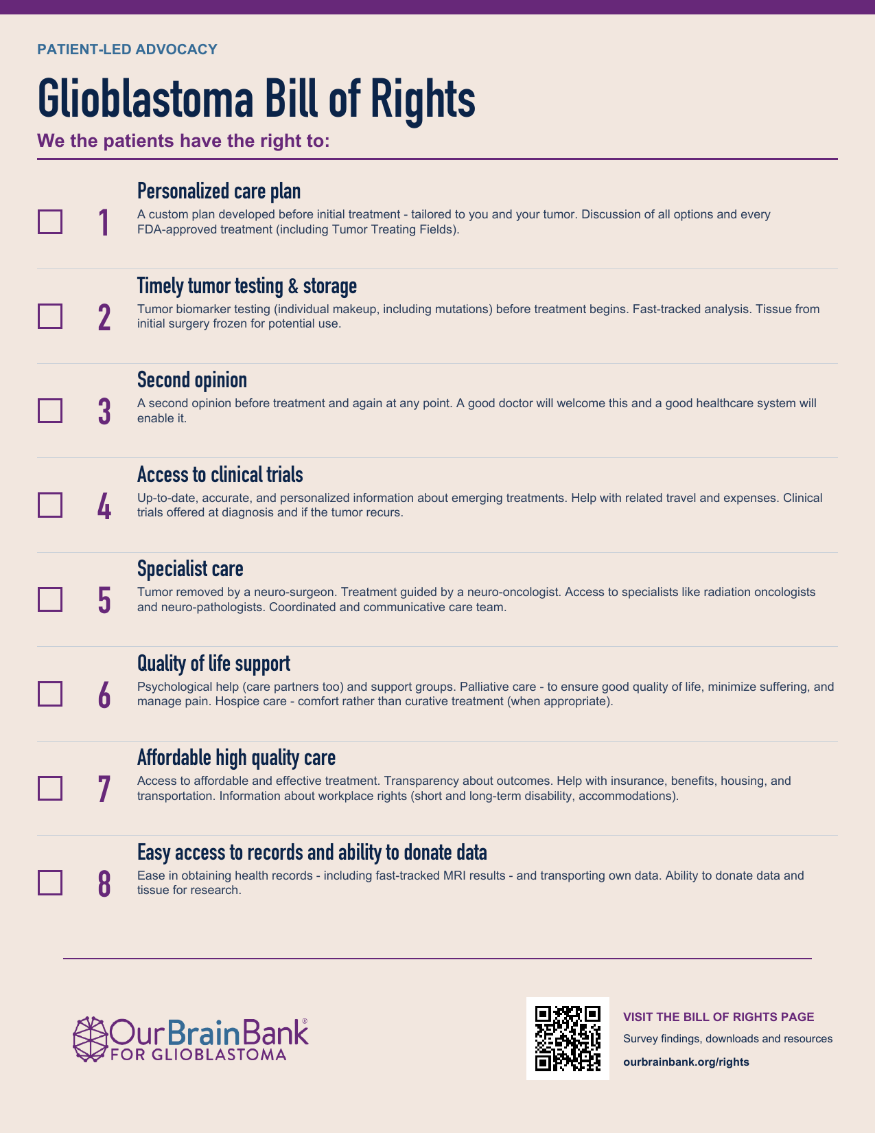 Printable Glioblastoma Bill of Rights checklist