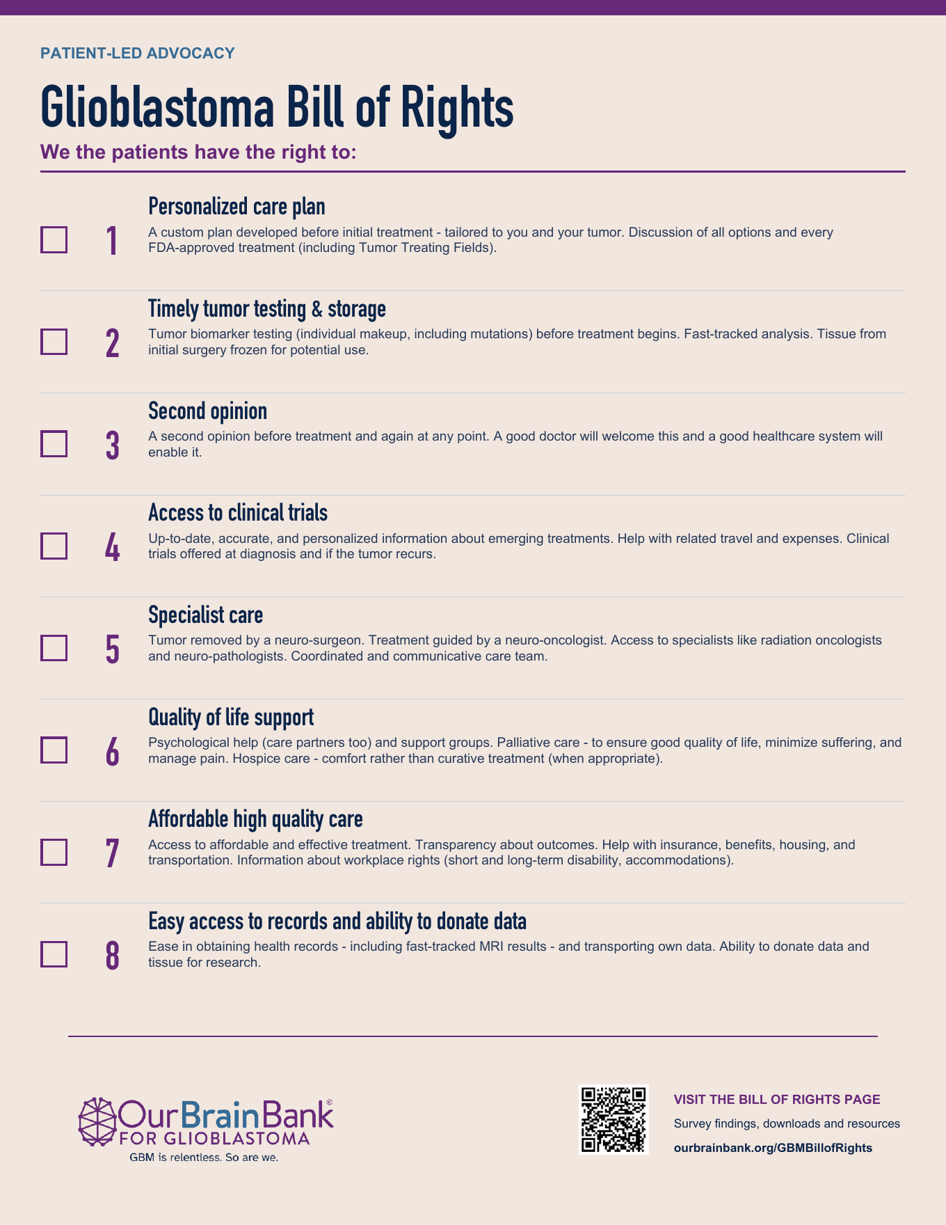 Printable Glioblastoma Bill of Rights checklist
